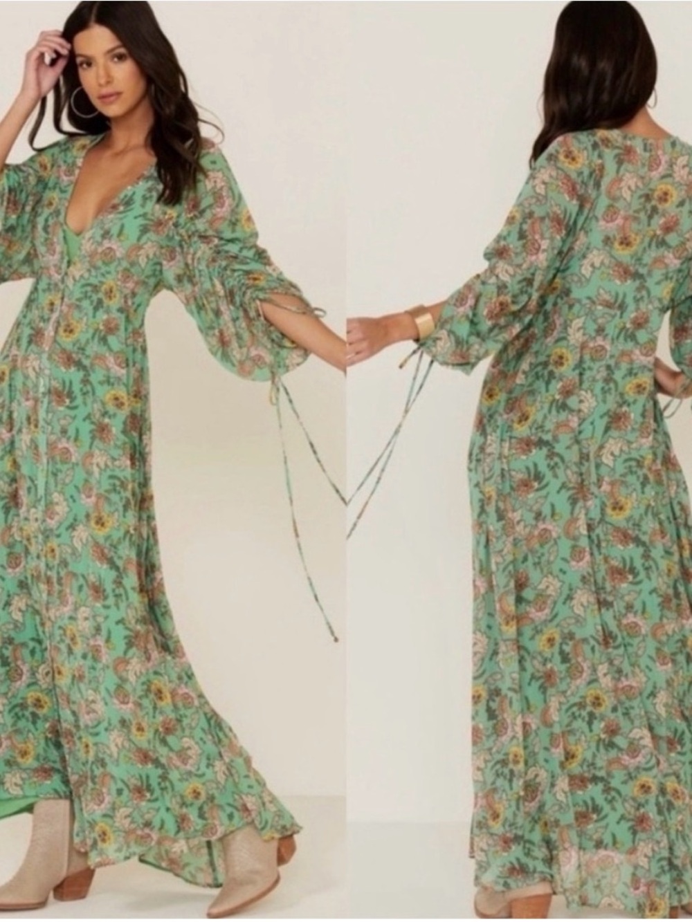Free People Earthfolk Floral Maxi Dress Boho Chic Festival Wear Green Combo XS